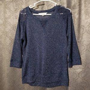 Dark blue heathered top with lace inset details